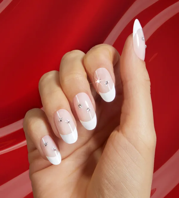 Ski into Orbit: Rhinestone French Tip Nail Art Look