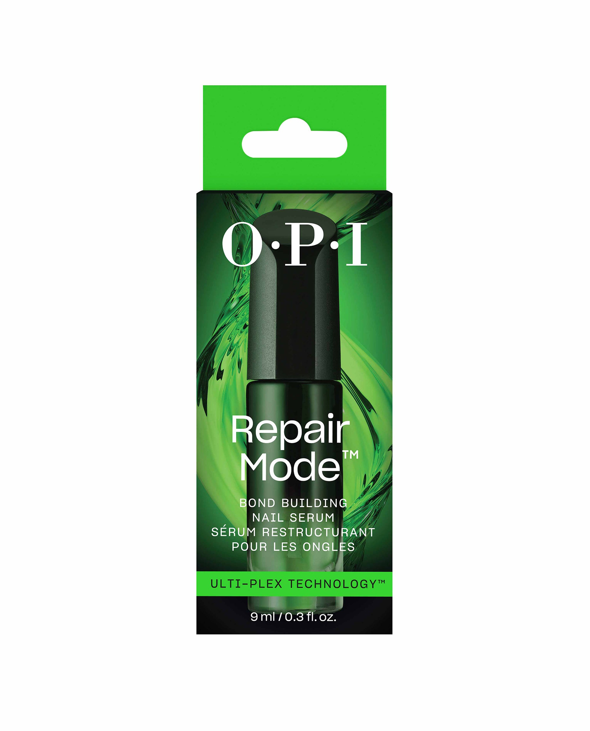 OPI Repair Mode Bond Building Nail Serum in a sleek dark green 9 ml bottle, shown in its bright green and black carton packaging, treatments and strengtheners ideal as an OPI nail polish gift set for repairing and strengthening nails.