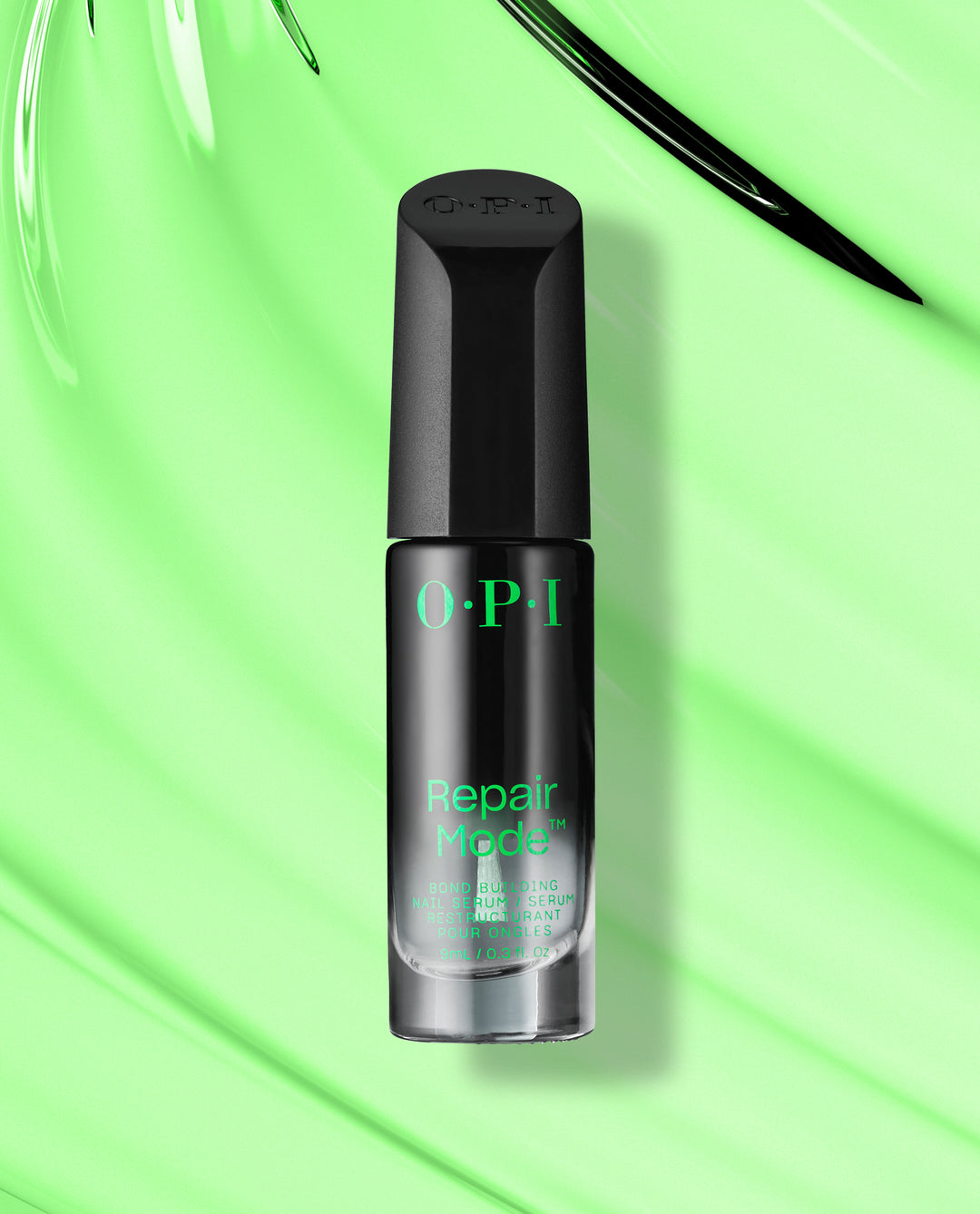 OPI Repair Mode™ Bond Building Nail Serum bottle standing upright against a glossy neon green background, showcasing a sleek black cap and label, ideal treatment and strengthener to pair with any OPI nail polish gift set.
